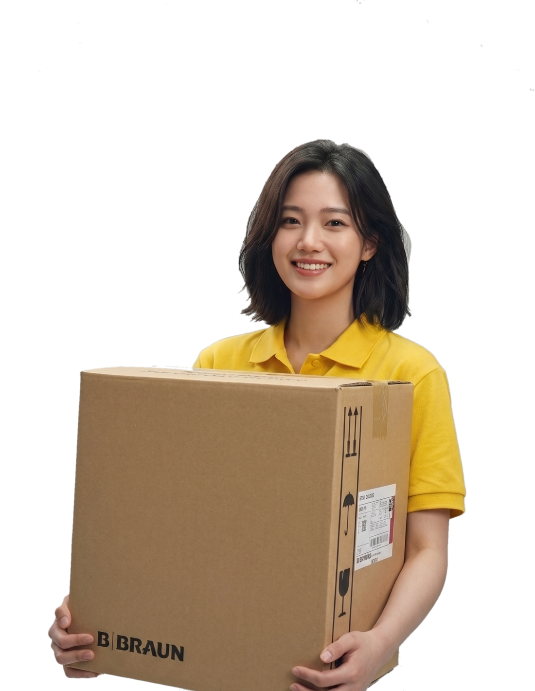 A smiling Quinocycle team member holding a carton box